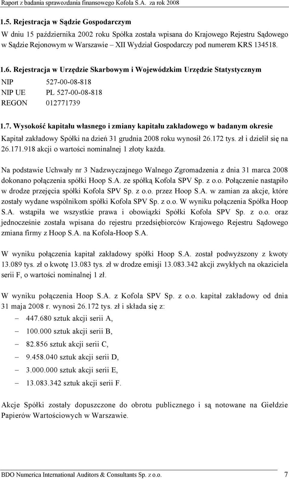 00-08-818 NIP UE PL 527-00-08-818 REGON 012771739 1.7. Wysokość kapitału własnego i zmiany kapitału zakładowego w badanym okresie Kapitał zakładowy Spółki na dzień 31 grudnia 2008 roku wynosił 26.