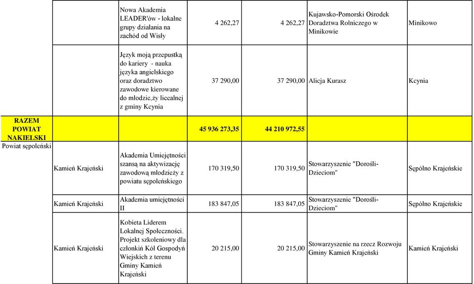 szansą na aktywizację zawodową młodzieży z powiatu sępoleńskiego 45 936 273,35 44 210 972,55 170 319,50 170 319,50 Stowarzyszenie "Dorośli- Dzieciom" Akademia umiejętności II 183 847,05 183 847,05
