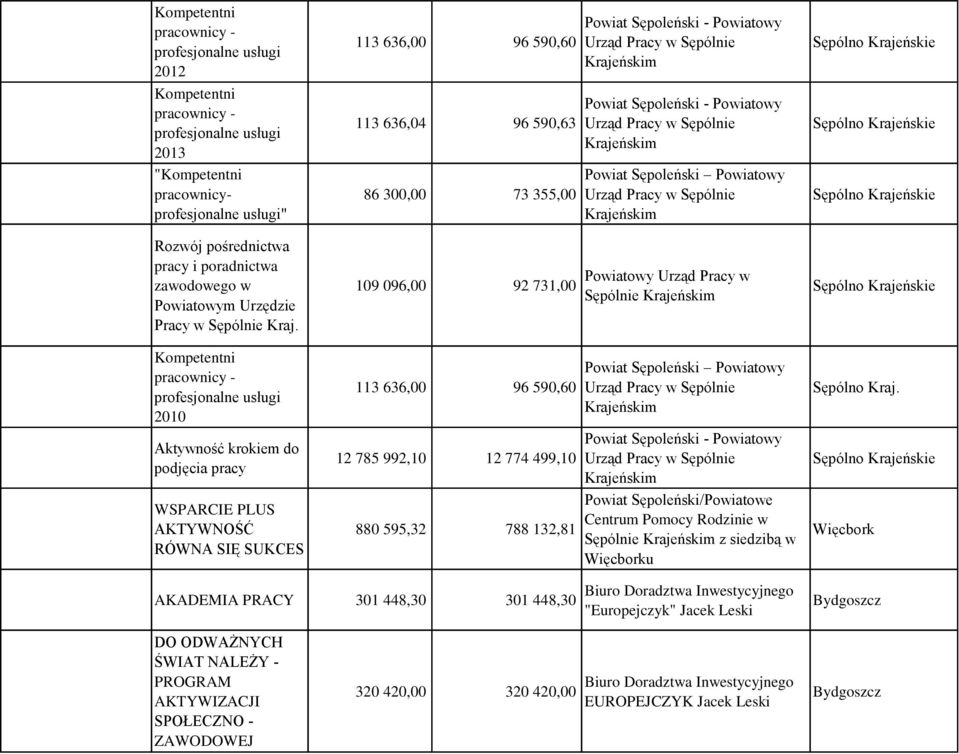 Kompetentni pracownicy - profesjonalne usługi 2010 Aktywność krokiem do podjęcia pracy WSPARCIE PLUS AKTYWNOŚĆ RÓWNA SIĘ SUKCES 113 636,00 96 590,60 113 636,04 96 590,63 86 300,00 73 355,00 109