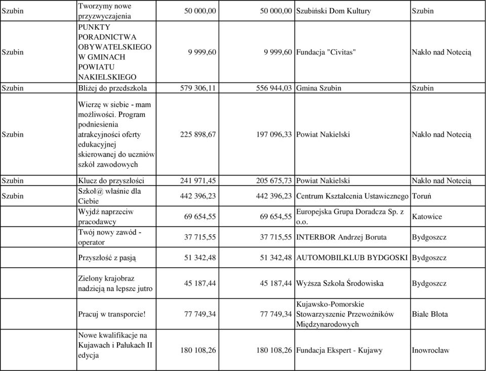 Program podniesienia atrakcyjności oferty edukacyjnej skierowanej do uczniów szkół zawodowych 225 898,67 197 096,33 Powiat Nakielski Szubin Klucz do przyszłości 241 971,45 205 675,73 Powiat Nakielski