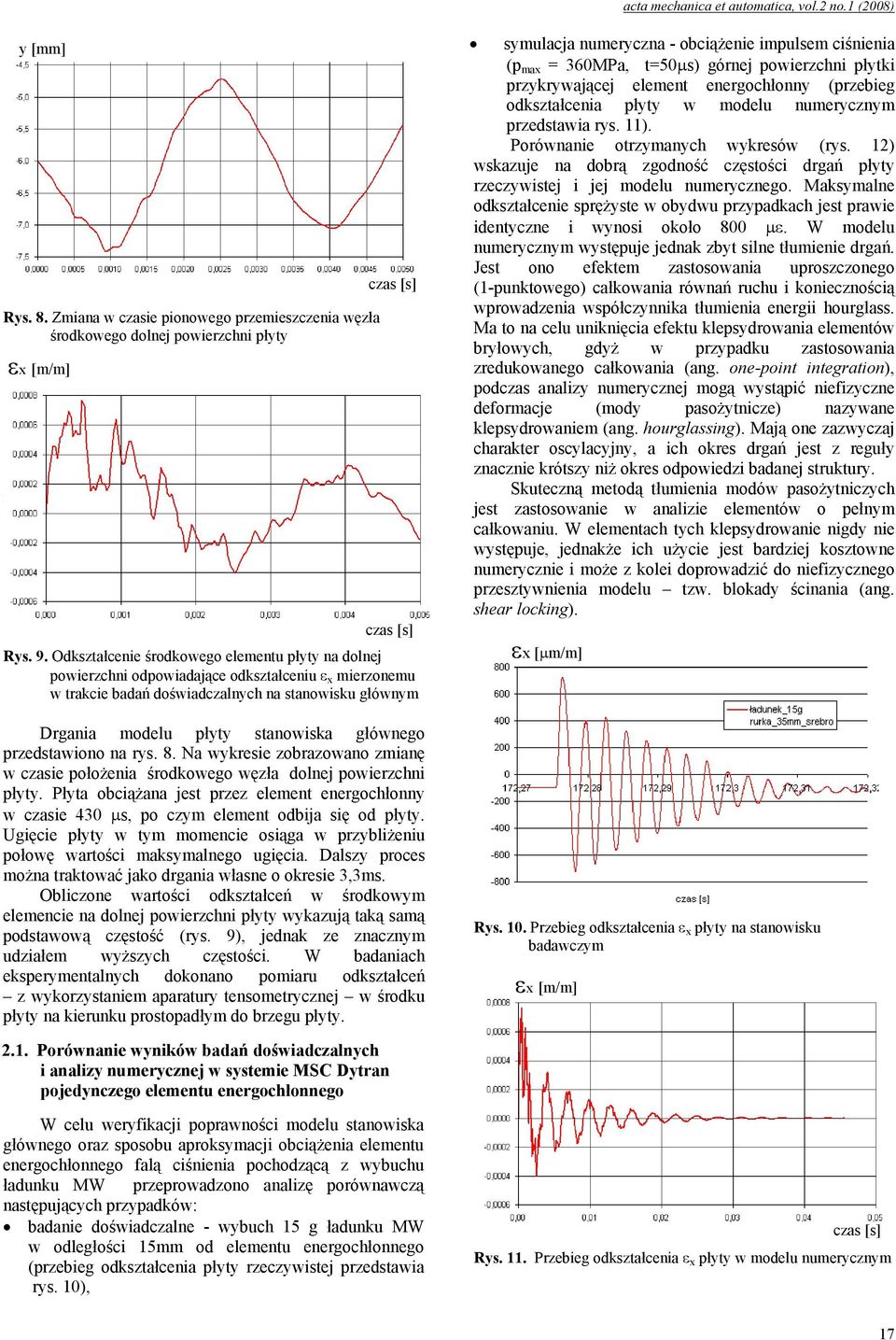 przedstawiono na rys. 8. Na wykresie zobrazowano zmianę w czasie położenia środkowego węzła dolnej powierzchni płyty.