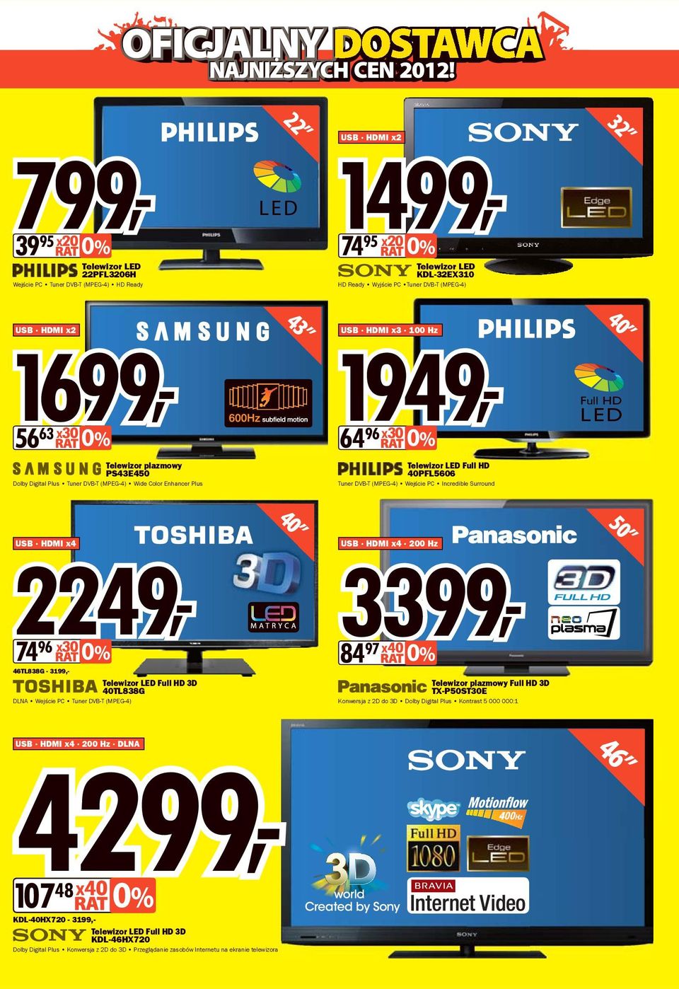 40PFL5606 Tuner DVB-T (MPEG-4) Wejście PC Incredible Surround USB HDMI x4 40 USB HDMI x4 200 Hz 50 2249, 3399, 74 96 x30 0% 46TL838G - 3199,- Telewizor LED Full HD 3D 40TL838G DLNA Wejście PC Tuner