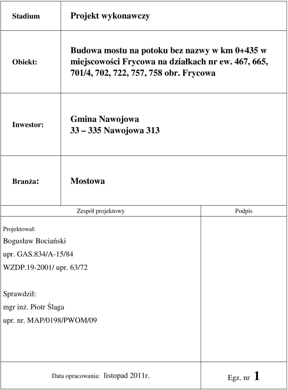 Frycowa Inwestor: Gmina Nawojowa 33 335 Nawojowa 313 Branża: Mostowa Zespół projektowy Podpis Projektował: