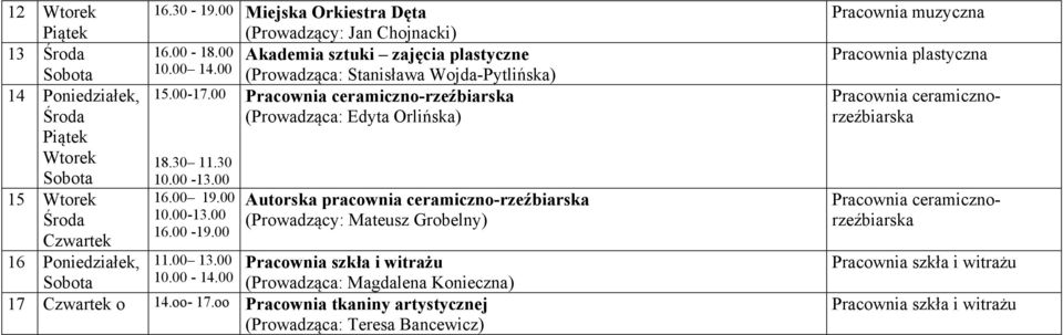 00 19.00 Autorska pracownia ceramicznorzeźbiarska Środa 10.0013.00 (Prowadzący: Mateusz Grobelny) 16.00 19.00 Czwartek 16 Poniedziałek, 11.00 13.00 Pracownia szkła i witrażu Sobota 10.00 14.