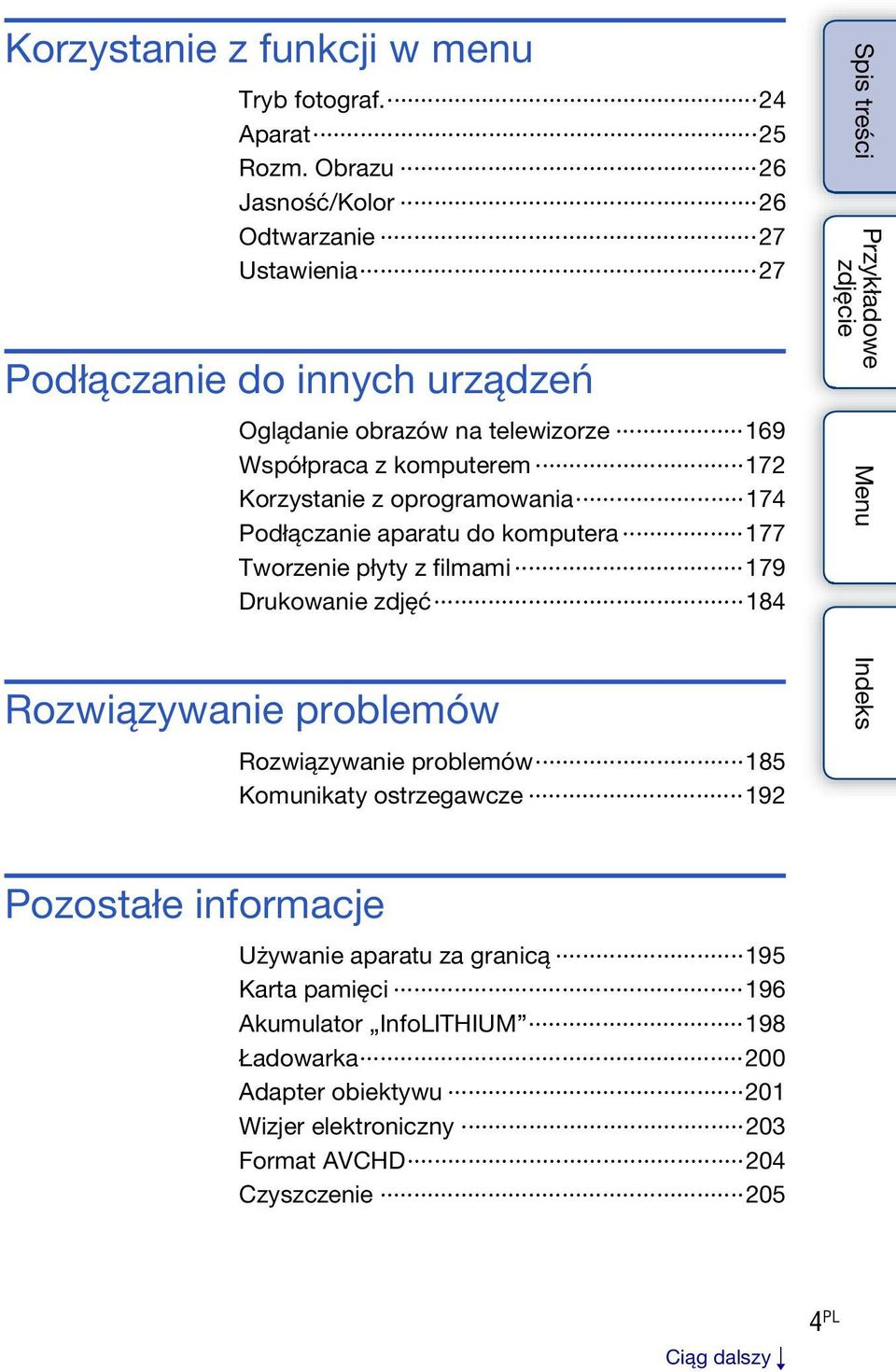 Korzystanie z oprogramowania 174 Podłączanie aparatu do komputera 177 Tworzenie płyty z filmami 179 Drukowanie zdjęć 184 Rozwiązywanie problemów