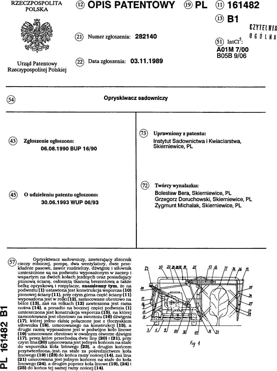 1993 WUP 06/93 (72) Twórcy wynalazku: Bolesław Bera, Skierniewice, PL Grzegorz Doruchowski, Skierniewice, PL Zygmunt Michalak, Skierniewice, PL PL 161482 B1 ( 5 7 ) Opryskiwacz sadowniczy,