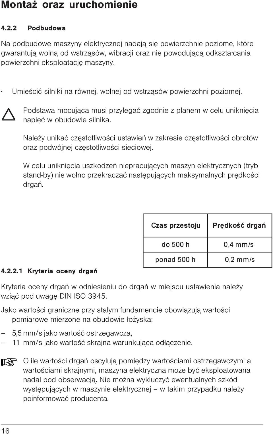 Umieœciæ silniki na równej, wolnej od wstrz¹sów powierzchni poziomej. Podstawa mocuj¹ca musi przylegaæ zgodnie z planem w celu unikniêcia napiêæ w obudowie silnika.