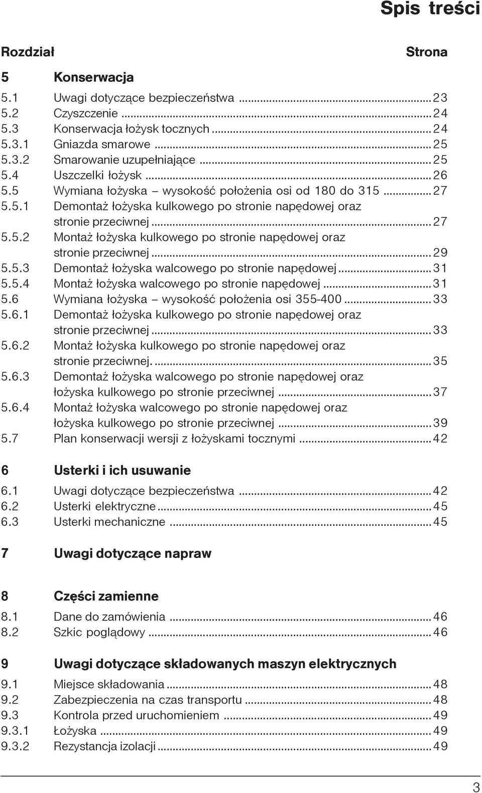 ..29 5.5.3 Demonta ³o yska walcowego po stronie napêdowej...31 5.5.4 Monta ³o yska walcowego po stronie napêdowej...31 5.6 Wymiana ³o yska wysokoœæ po³o enia osi 355-400...33 5.6.1 Demonta ³o yska kulkowego po stronie napêdowej oraz stronie przeciwnej.