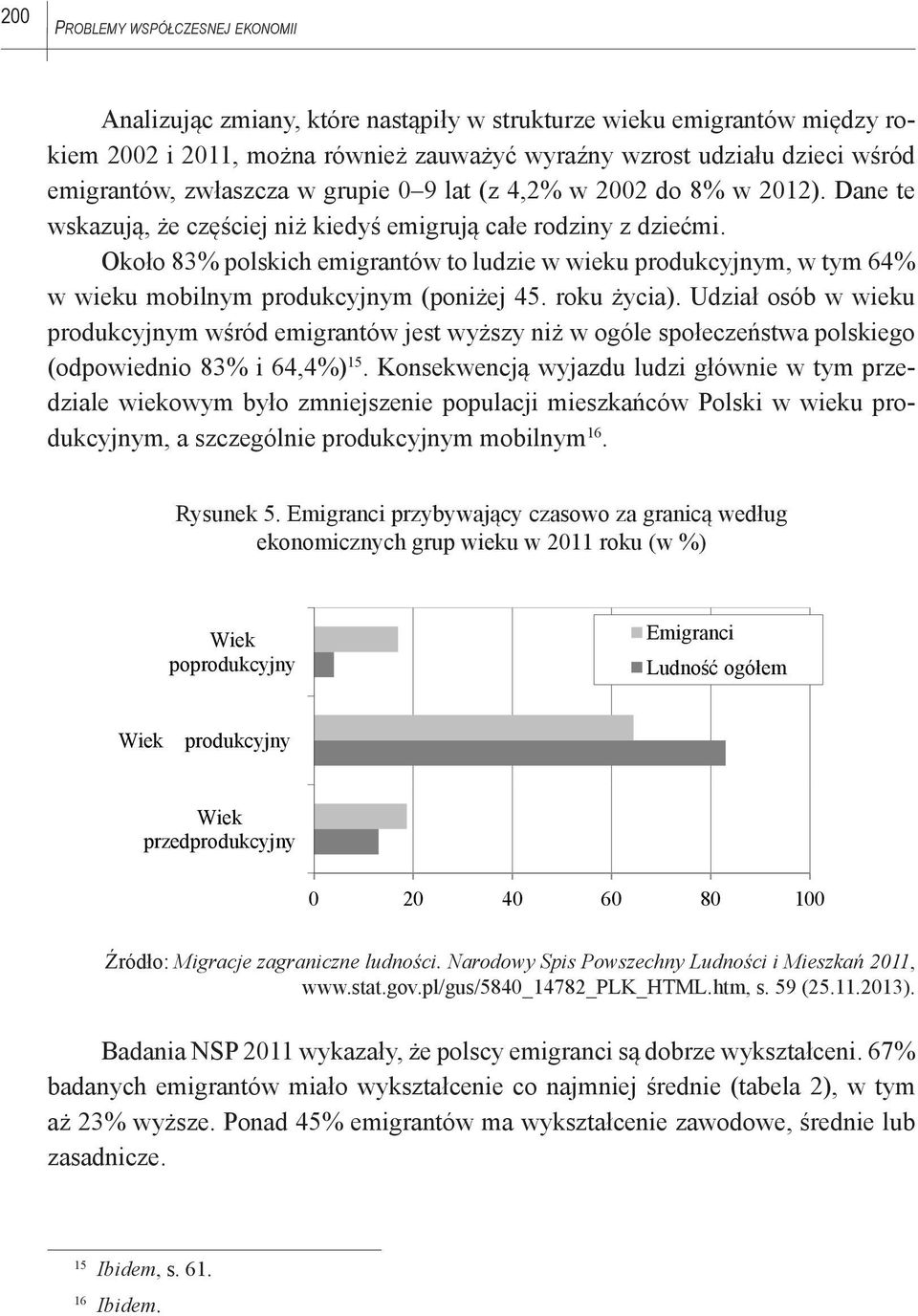 Około 83% polskich emigrantów to ludzie w wieku produkcyjnym, w tym 64% w wieku mobilnym produkcyjnym (poniżej 45. roku życia).