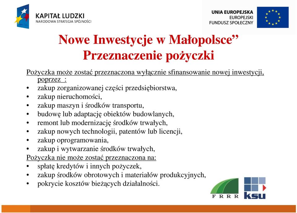 modernizacjęśrodków trwałych, zakup nowych technologii, patentów lub licencji, zakup oprogramowania, zakup i wytwarzanie środków trwałych, Pożyczka