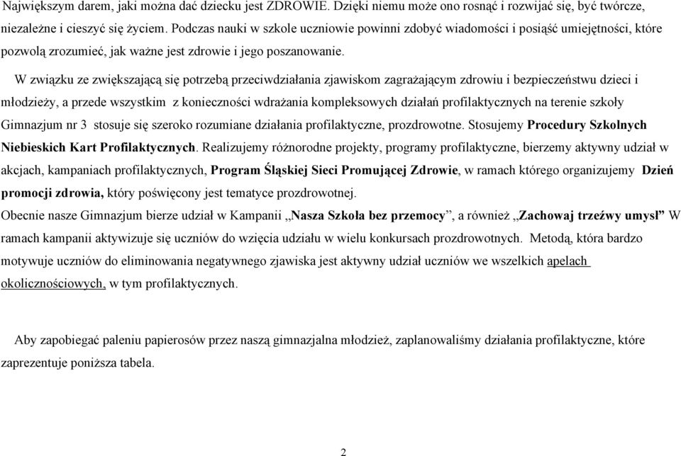 W związku ze zwiększającą się potrzebą przeciwdziałania zjawiskom zagrażającym zdrowiu i bezpieczeństwu dzieci i młodzieży, a przede wszystkim z konieczności wdrażania kompleksowych działań