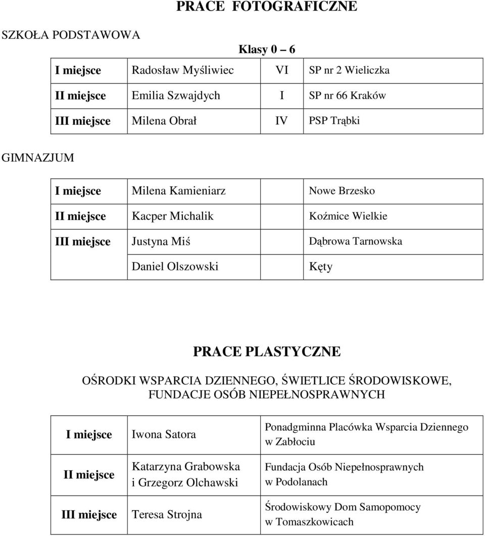 WSPARCIA DZIENNEGO, ŚWIETLICE ŚRODOWISKOWE, FUNDACJE OSÓB NIEPEŁNOSPRAWNYCH Iwona Satora Katarzyna Grabowska i Grzegorz Olchawski Teresa