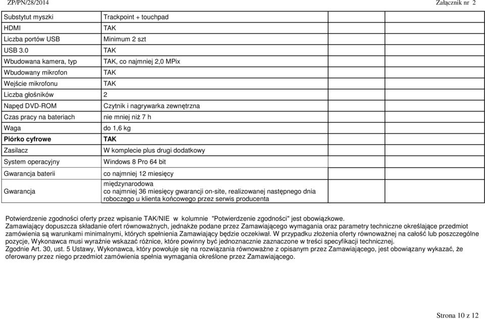 niż 7 h Waga do 1,6 kg Piórko cyfrowe TAK Zasilacz W komplecie plus drugi dodatkowy System operacyjny Windows 8 Pro 64 bit Gwarancja baterii co najmniej 12 miesięcy Gwarancja międzynarodowa co