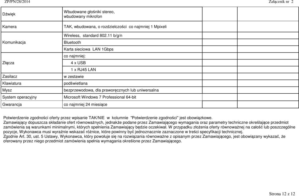 System operacyjny Microsoft Windows 7 Professional 64-bit Gwarancja co najmniej 24 miesiące Potwierdzenie zgodności oferty przez wpisanie TAK/NIE w kolumnie "Potwierdzenie zgodności" jest obowiązkowe.