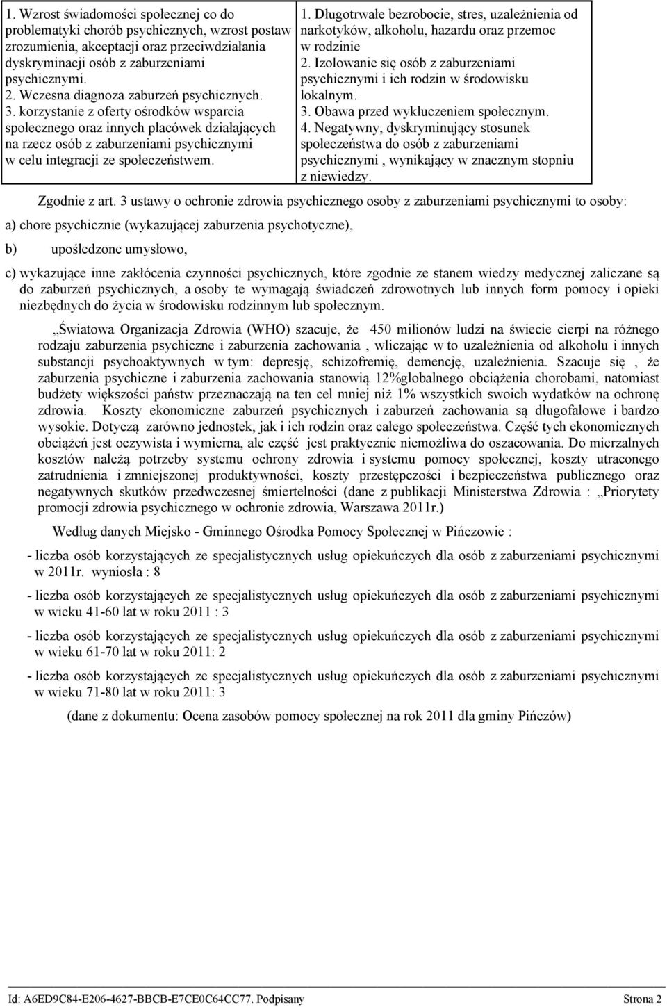 korzystanie z oferty ośrodków wsparcia społecznego oraz innych placówek działających na rzecz osób z zaburzeniami psychicznymi w celu integracji ze społeczeństwem. 1.