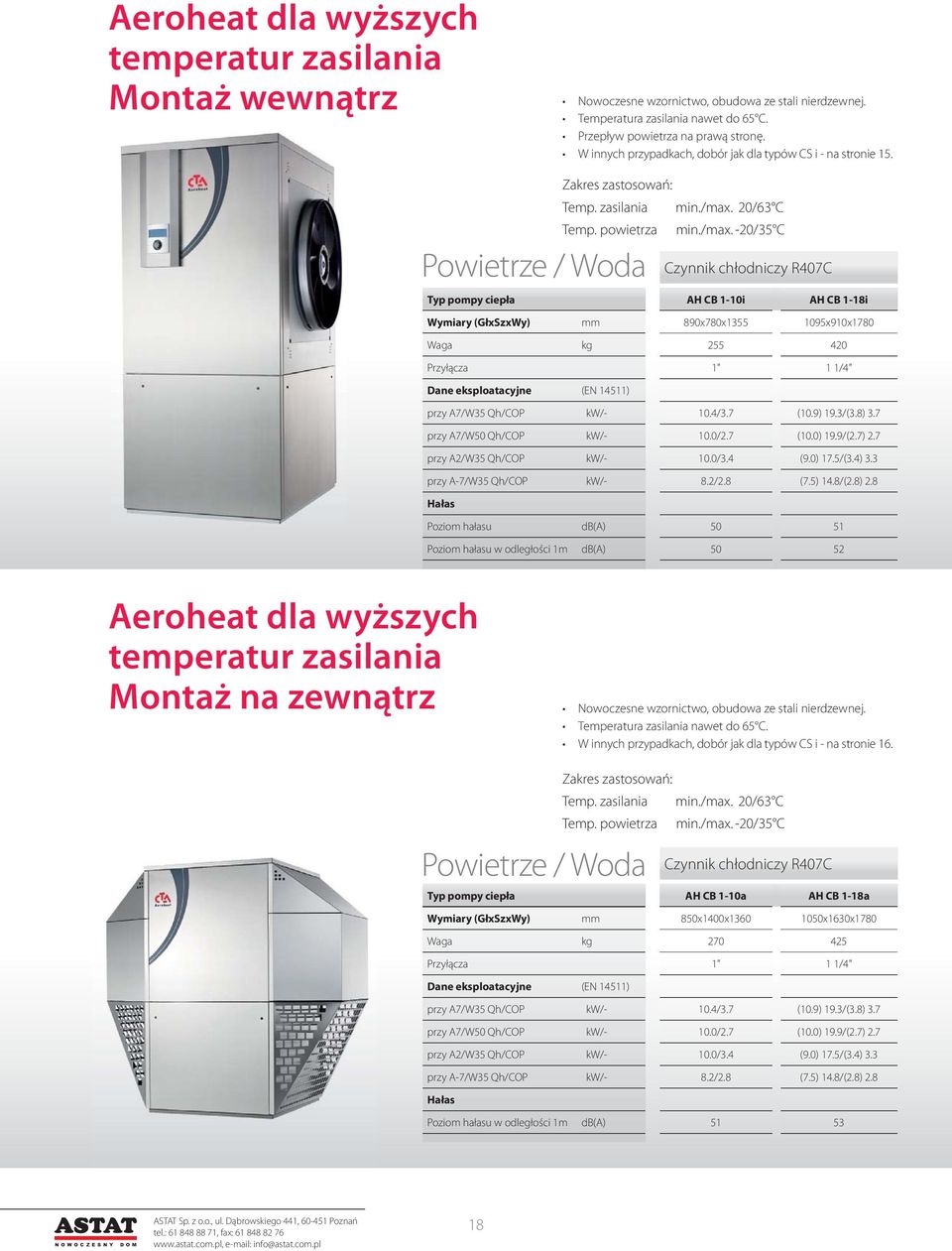 Powietrze / Woda Czynnik chłodniczy R407C Typ pompy ciepła AH CB 1-10i AH CB 1-18i Wymiary (GłxSzxWy) mm 890x780x1355 1095x910x1780 Waga kg 255 420 Przyłącza 1" 1 1/4" Dane eksploatacyjne (EN 14511)
