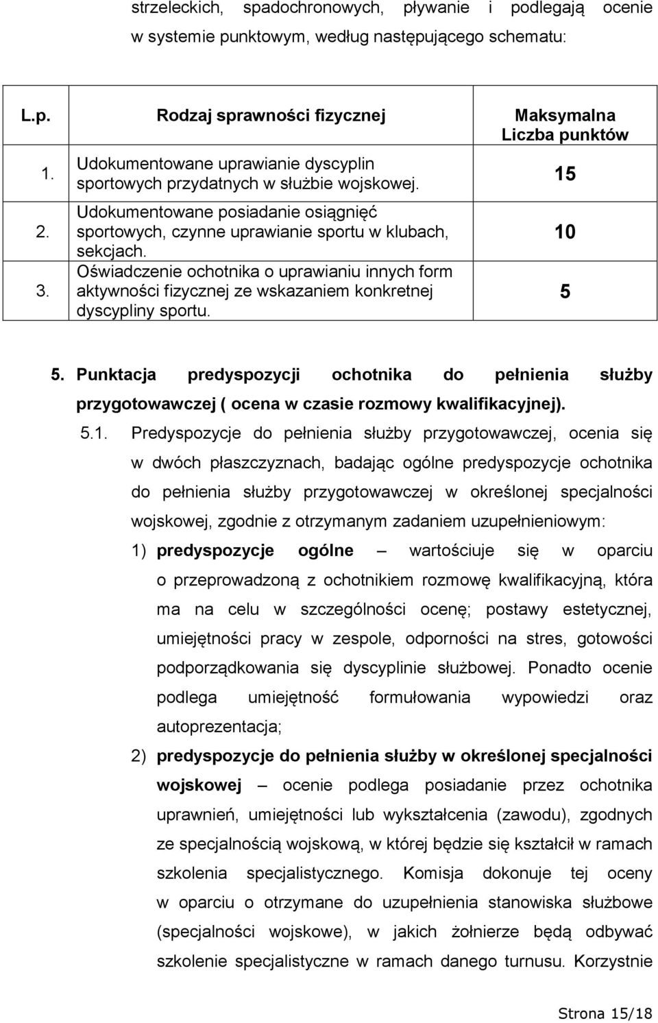 Oświadczenie ochotnika o uprawianiu innych form aktywności fizycznej ze wskazaniem konkretnej dyscypliny sportu. 15 10 5 5.