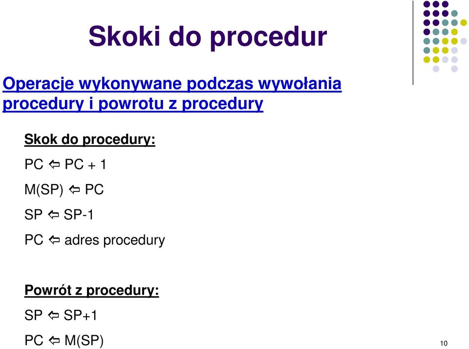 do procedury: PC PC + 1 M(SP) PC SP SP-1 PC