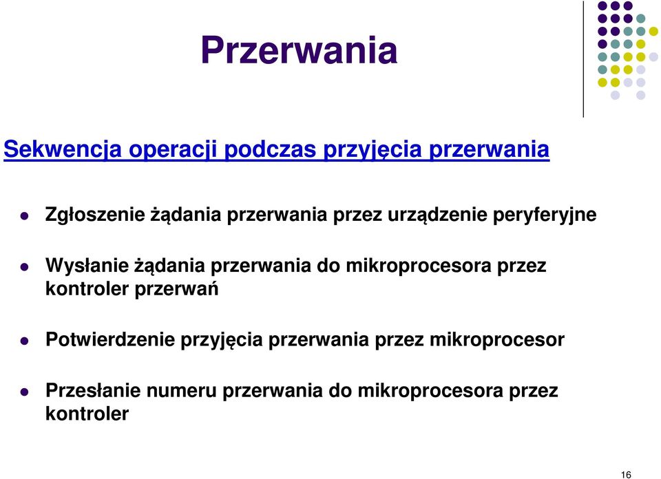 mikroprocesora przez kontroler przerwań Potwierdzenie przyjęcia przerwania