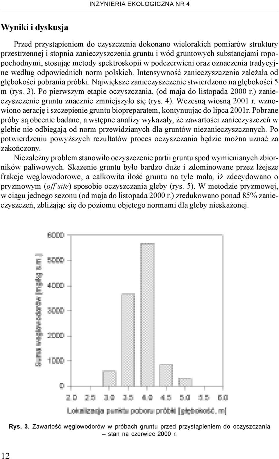 Najwiêksze zanieczyszczenie stwierdzono na g³êbokoœci 5 m (rys. 3). Po pierwszym etapie oczyszczania, (od maja do listopada 2000 r.) zanieczyszczenie gruntu znacznie zmniejszy³o siê (rys. 4).