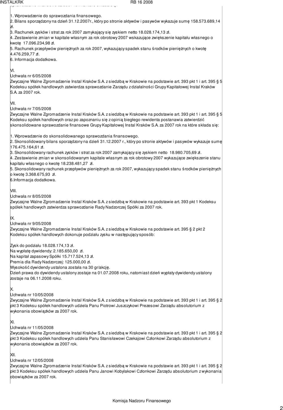 Zestawienie zmian w kapitale własnym za rok obrotowy 2007 wskazujące zwiększenie kapitału własnego o kwotę 17.096.234,98 zł. 5.