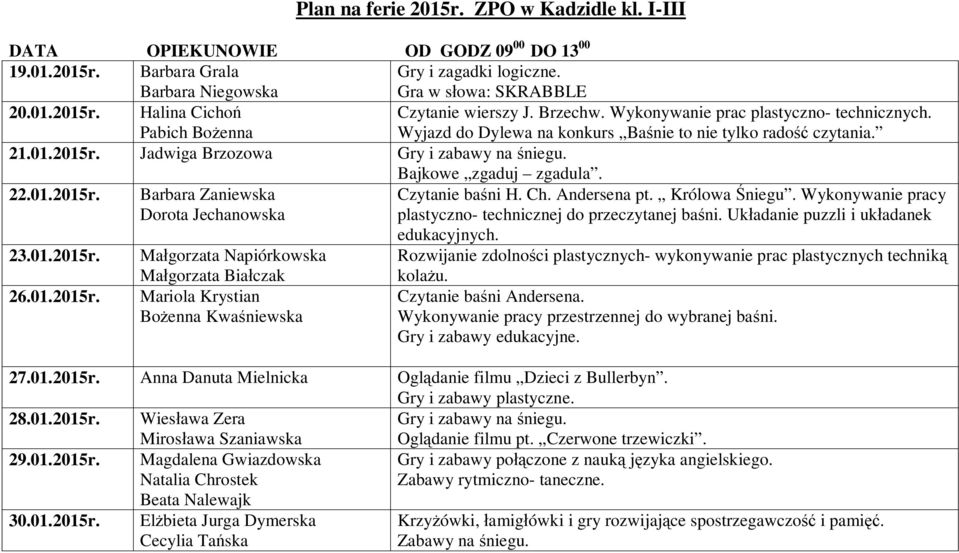 Ch. Andersena pt. Królowa niegu. Wykonywanie pracy plastyczno- technicznej do przeczytanej ba ni. Uk adanie puzzli i uk adanek edukacyjnych. 23.01.2015r.