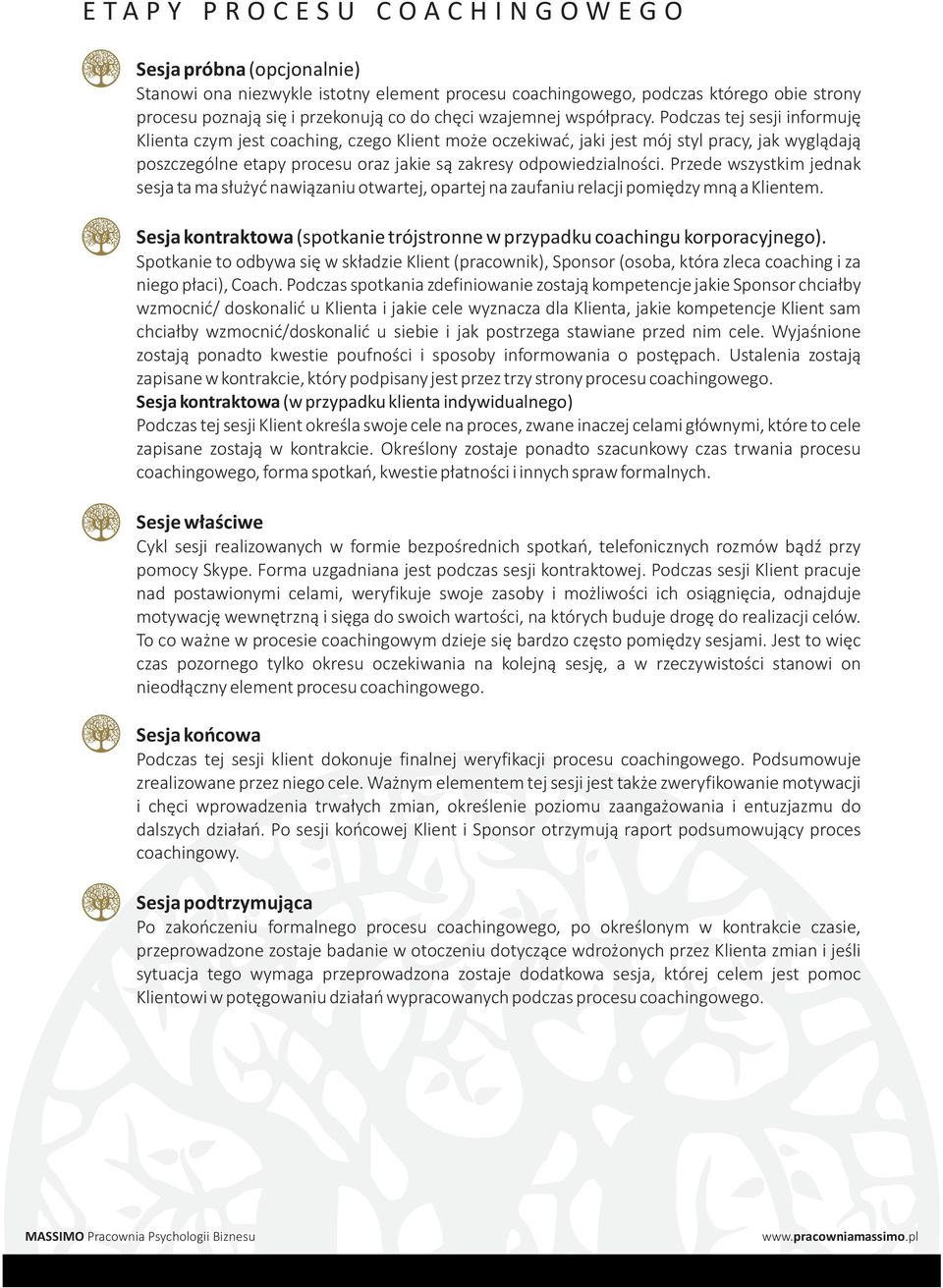 Podczas tej sesji informujê Klienta czym jest coaching, czego Klient mo e oczekiwaæ, jaki jest mój styl pracy, jak wygl¹daj¹ poszczególne etapy procesu oraz jakie s¹ zakresy odpowiedzialnoœci.