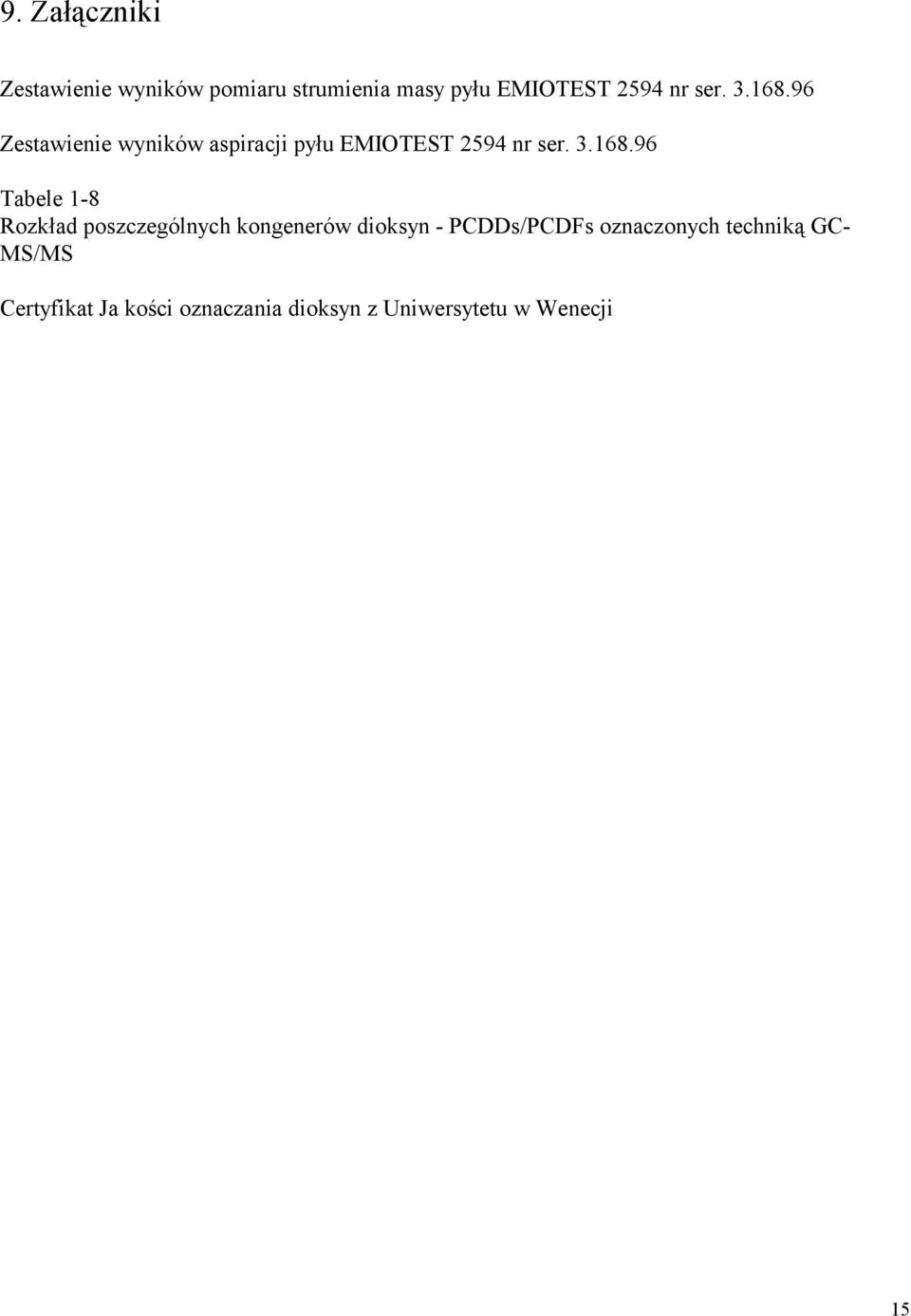 96 Zestawienie wyników aspiracji pyłu EMIOTEST 2594 96 Tabele 1-8 Rozkład