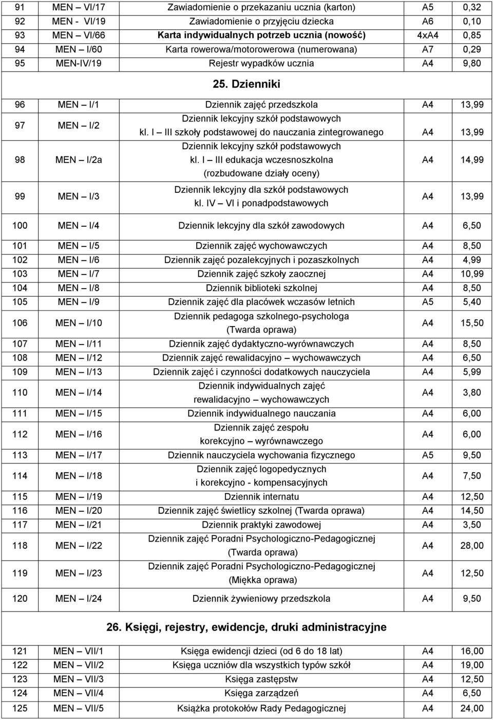 Dzienniki 96 MEN I/1 Dziennik zajęć przedszkola A4 13,99 97 MEN I/2 98 MEN I/2a Dziennik lekcyjny szkół podstawowych kl.