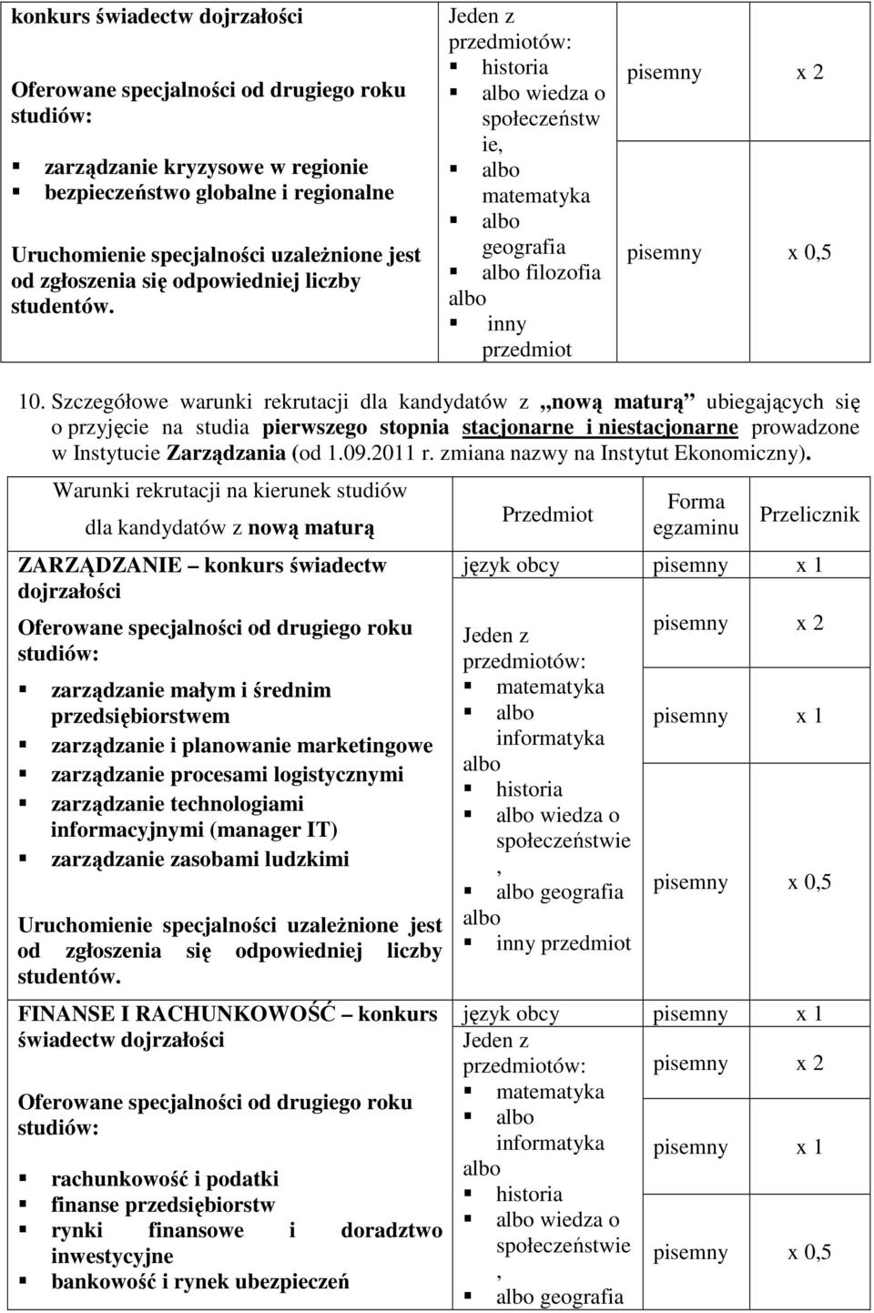 Jeden z przedmiotów: historia albo wiedza o społeczeństw ie, albo matematyka albo geografia albo filozofia albo inny przedmiot pisemny x 2 pisemny x 0,5 10.