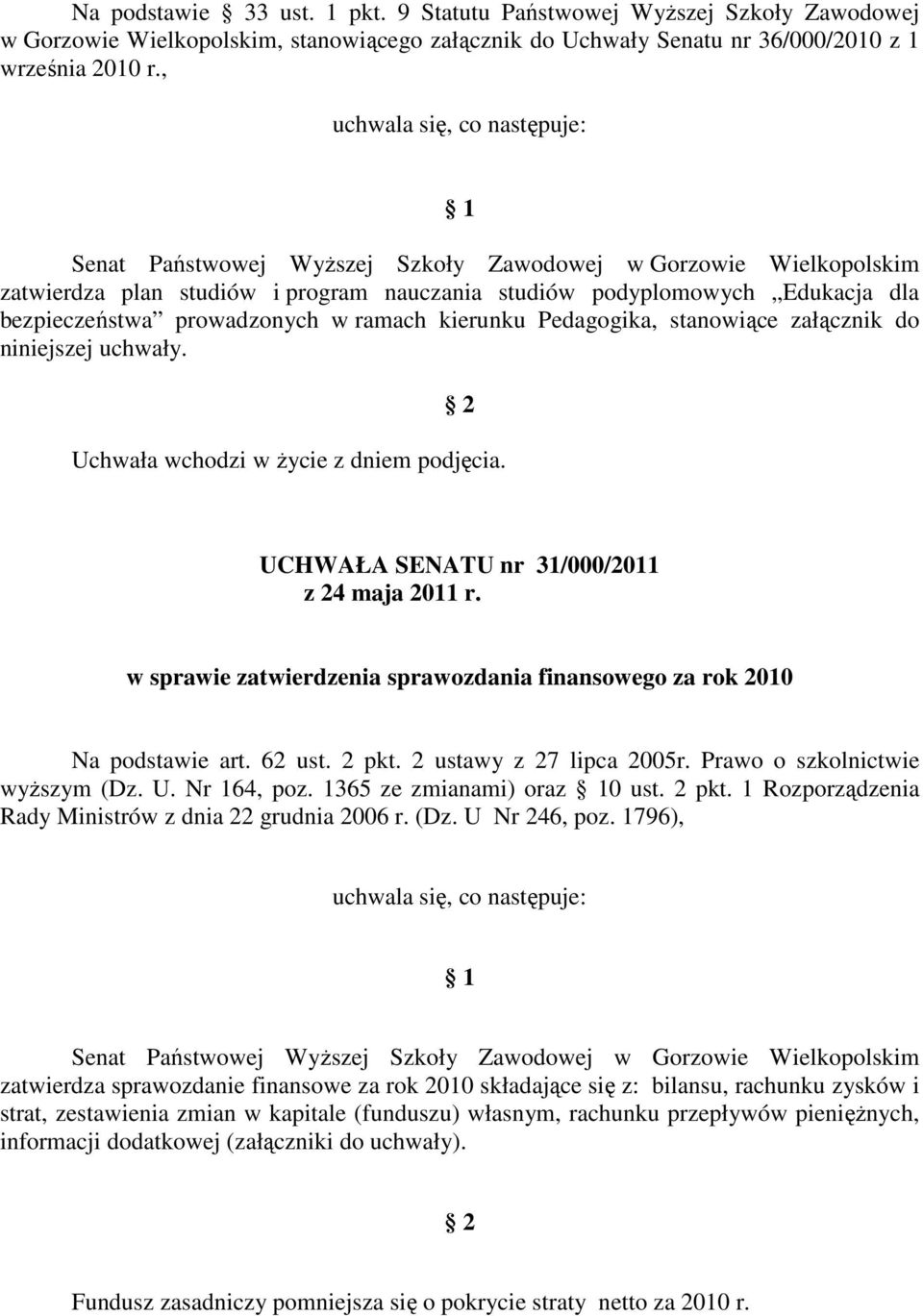 prowadzonych w ramach kierunku Pedagogika, stanowiące załącznik do niniejszej uchwały. 2 Uchwała wchodzi w życie z dniem podjęcia. UCHWAŁA SENATU nr 31/000/2011 z 24 maja 2011 r.