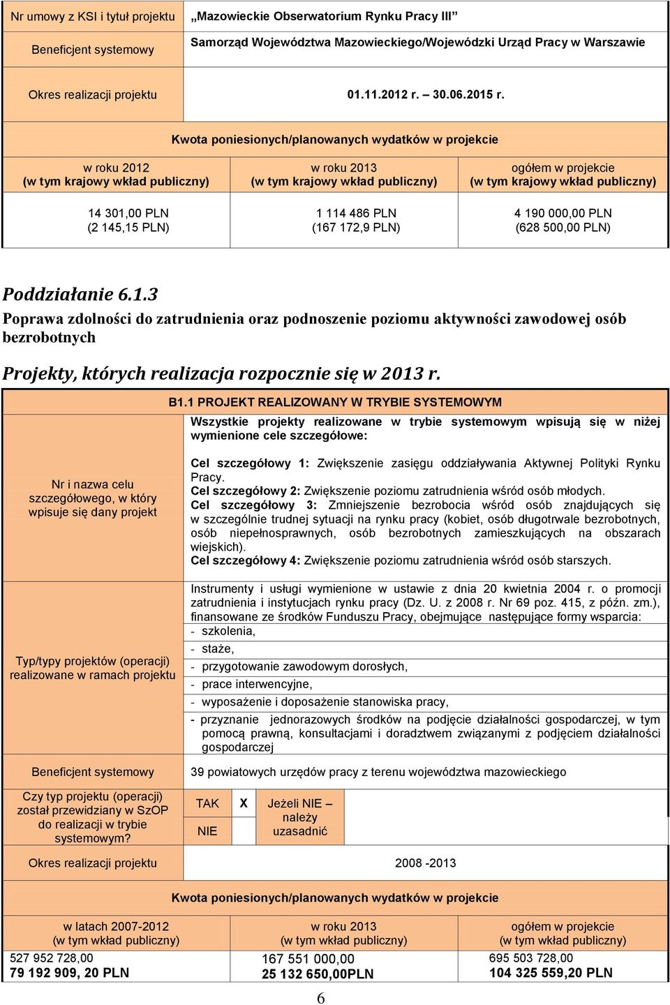 B1.1 PROJEKT REALIZOWANY W TRYBIE SYSTEMOWYM Wszystkie projekty realizowane w trybie systemowym wpisują się w niżej wymienione cele szczegółowe: Nr i nazwa celu szczegółowego, w który wpisuje się