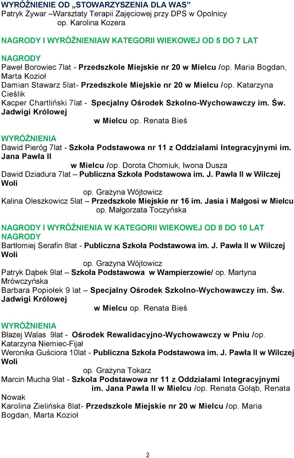 Maria Bogdan, Marta Kozioł Damian Stawarz 5lat- Przedszkole Miejskie nr 20 w Mielcu /op. Katarzyna Cieślik Kacper Chartliński 7lat - Specjalny Ośrodek Szkolno-Wychowawczy im. Św. w Mielcu op.