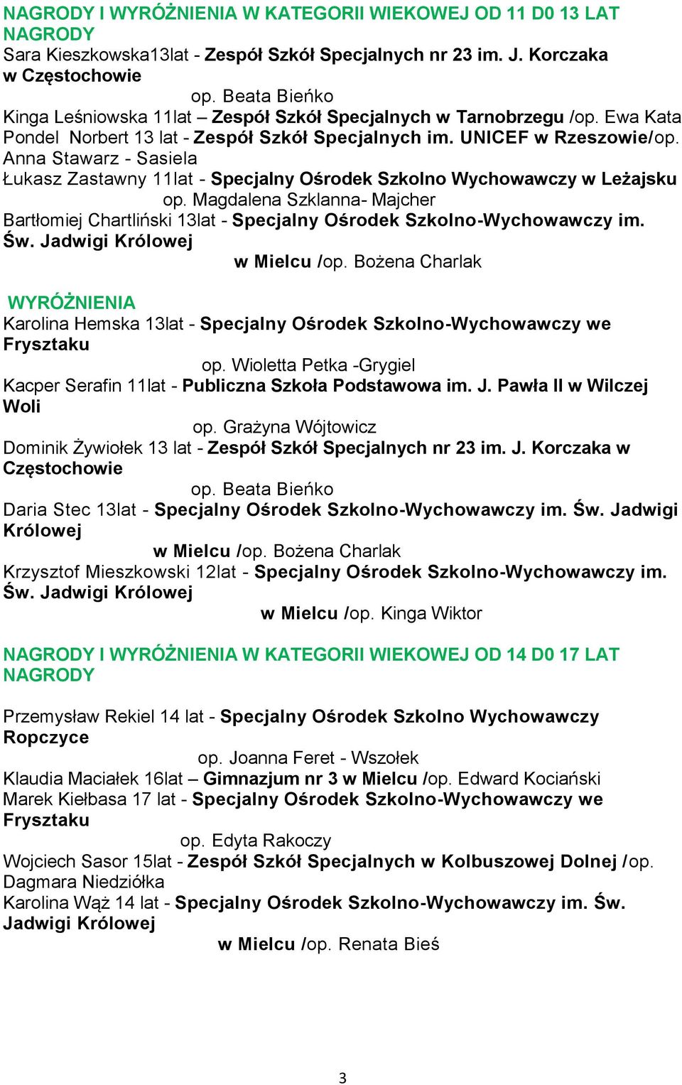 Anna Stawarz - Sasiela Łukasz Zastawny 11lat - Specjalny Ośrodek Szkolno Wychowawczy w Leżajsku Bartłomiej Chartliński 13lat - Specjalny Ośrodek Szkolno-Wychowawczy im. Św. w Mielcu /op.