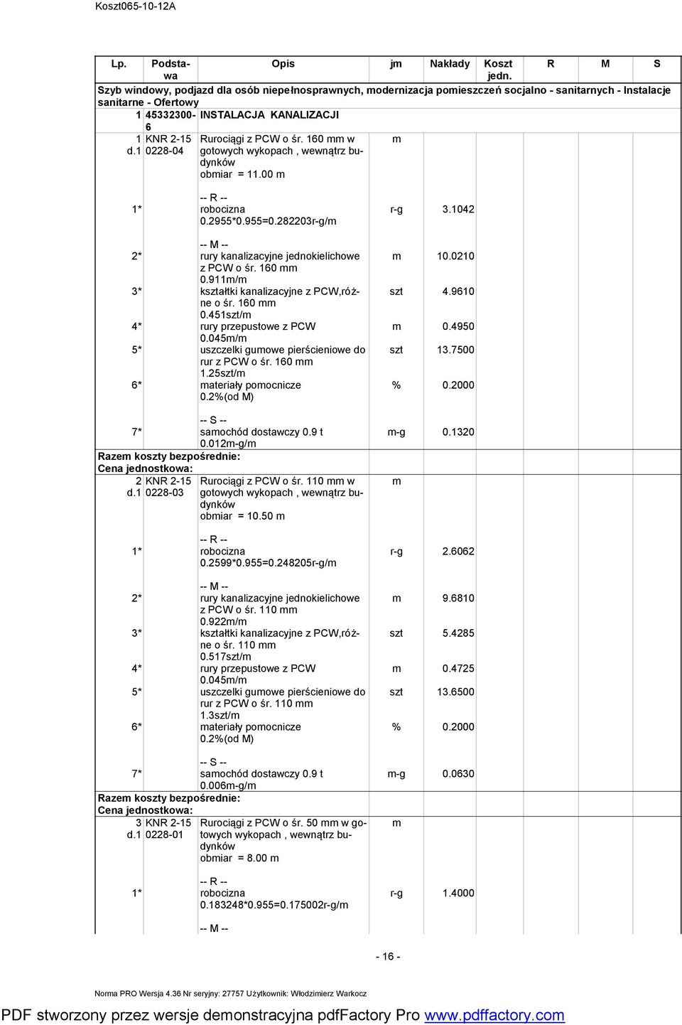 911/ 3* kształtki kanalizacyjne z PCW,różne o śr. 160 0.451szt/ 4* rury przepustowe z PCW 0.045/ 5* uszczelki guowe pierścieniowe do rur z PCW o śr. 160 1.25szt/ 6* ateriały poocnicze 0.
