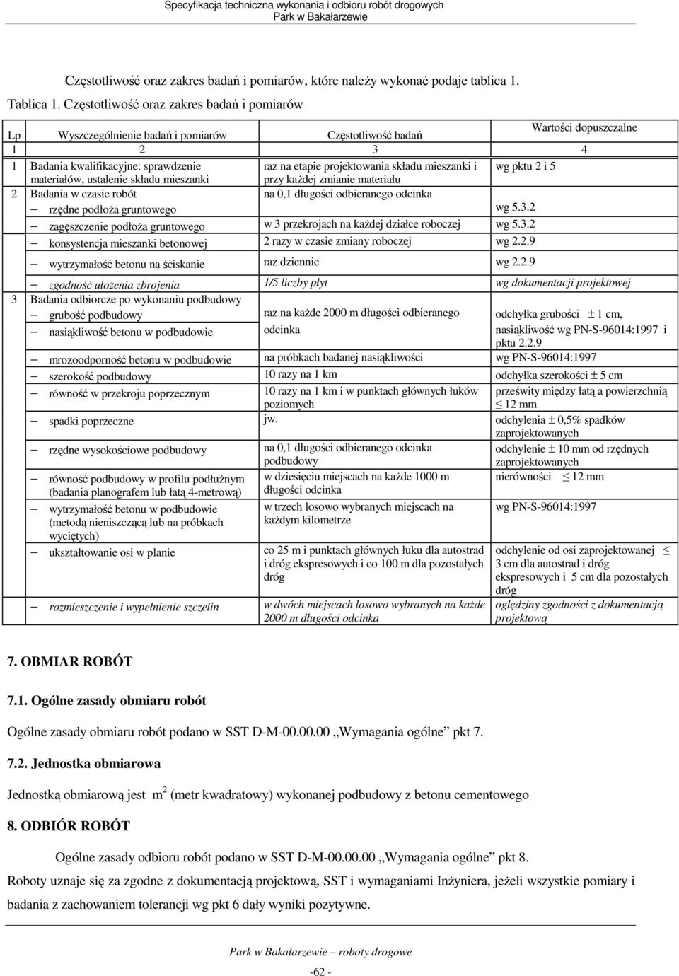 składu mieszanki i wg pktu 2 i 5 materiałów, ustalenie składu mieszanki przy kaŝdej zmianie materiału 2 Badania w czasie robót rzędne podłoŝa gruntowego na 0,1 długości odbieranego odcinka wg 5.3.