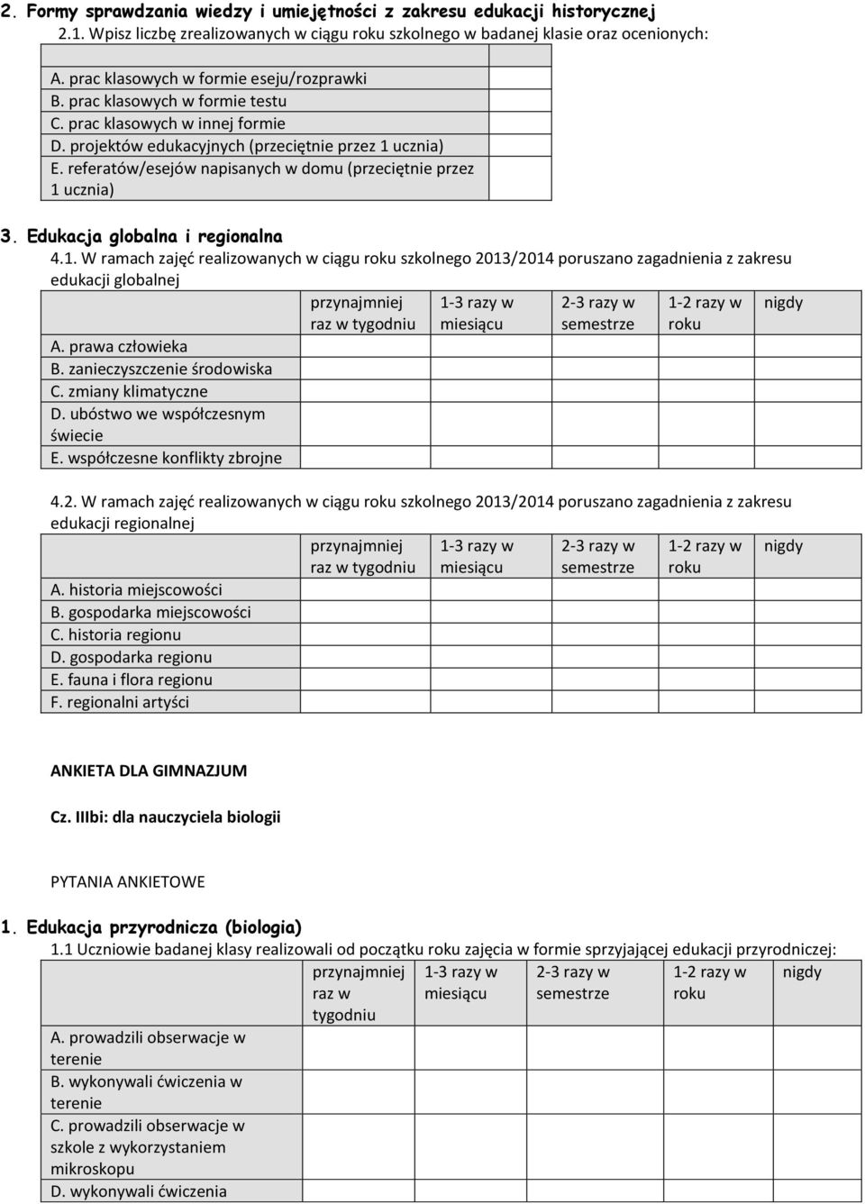 referatów/esejów napisanych w domu (przeciętnie przez 1 ucznia) 3. Edukacja globalna i regionalna 4.1. W ramach zajęć realizowanych w ciągu roku szkolnego 2013/2014 poruszano zagadnienia z zakresu edukacji globalnej A.