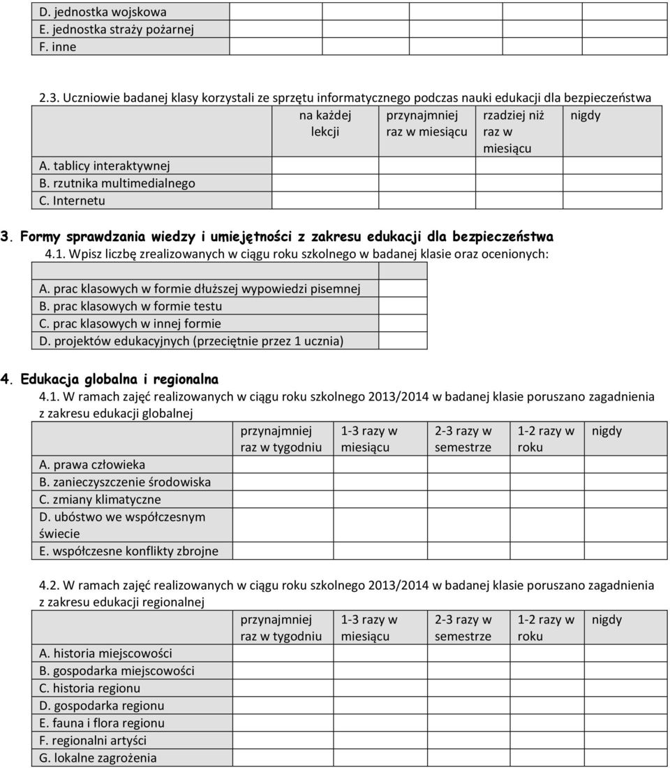 rzutnika multimedialnego C. Internetu 3. Formy sprawdzania wiedzy i umiejętności z zakresu edukacji dla bezpieczeństwa 4.1.