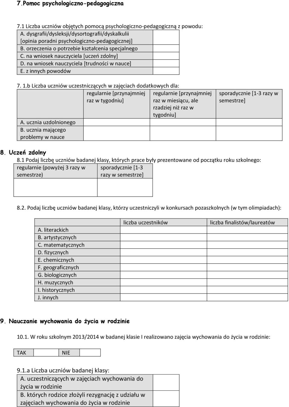 na wniosek nauczyciela [trudności w nauce] E. z innych powodów 7. 1.