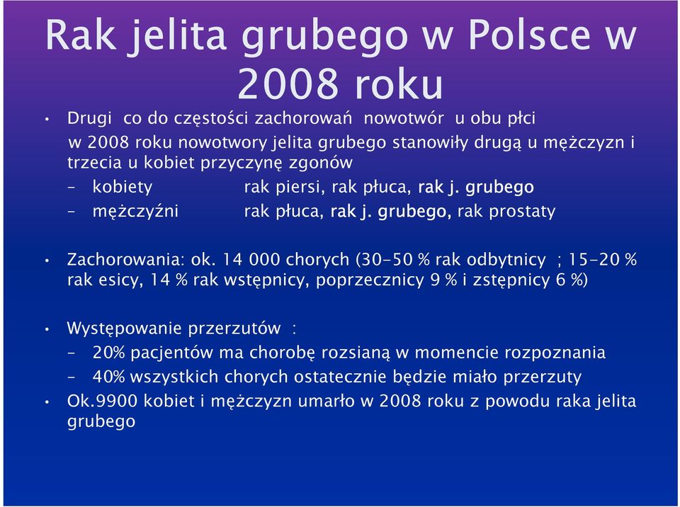 14 000 chorych (30-50 % rak odbytnicy ; 15-20 % rak esicy, 14 % rak wstępnicy, poprzecznicy 9 % i zstępnicy 6 %) Występowanie przerzutów : 20% pacjentów ma