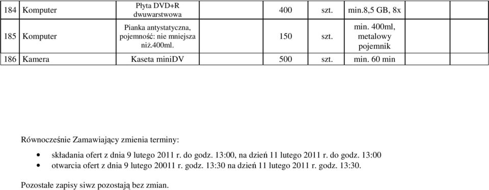 do godz. 13:00, na dzień 11 lutego 2011 r. do godz. 13:00 otwarcia ofert z dnia 9 lutego 20011 r. godz. 13:30 na dzień 11 lutego 2011 r.