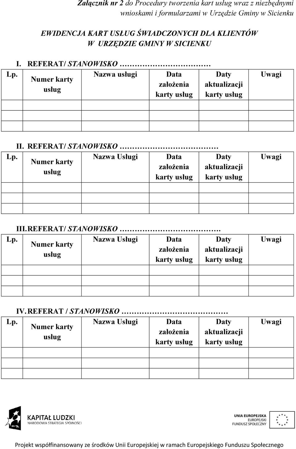 REFERAT/ STANOWISKO Lp. Nazwa Usługi Data Daty Numer karty założenia aktualizacji usług karty usług karty usług Uwagi III. REFERAT/ STANOWISKO. Lp. Nazwa Usługi Data Daty Numer karty założenia aktualizacji usług karty usług karty usług Uwagi IV.