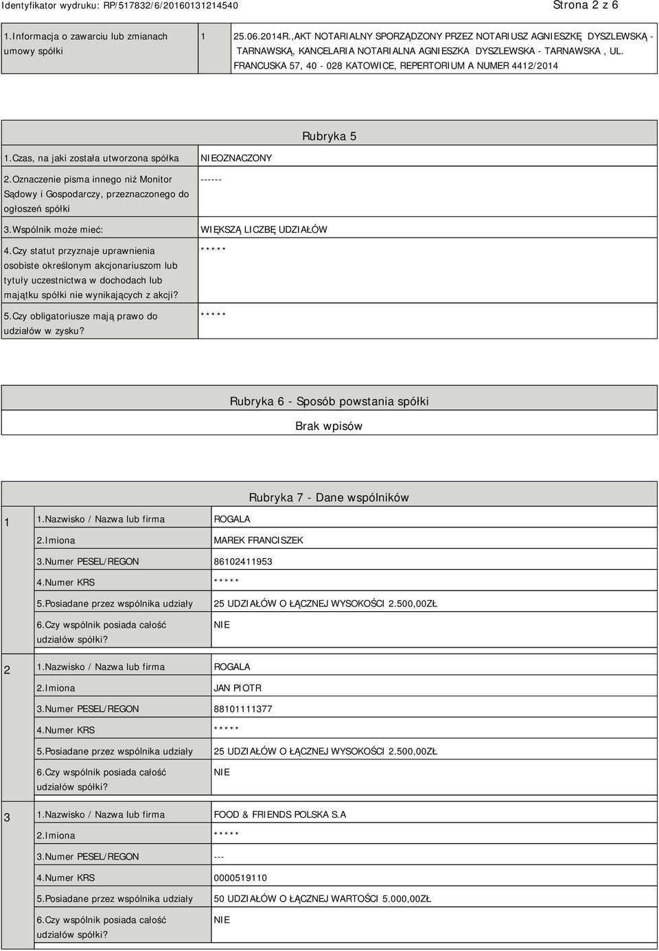 FRANCUSKA 57, 40-028 KATOWICE, REPERTORIUM A NUMER 4412/2014 Rubryka 5 1.Czas, na jaki została utworzona spółka 2.