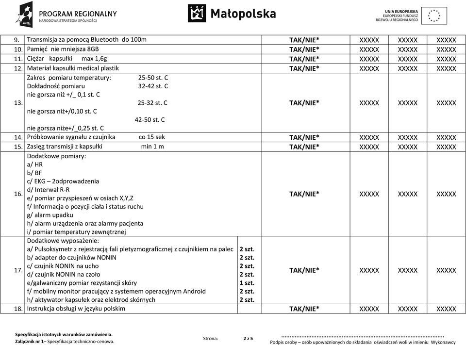 Zasięg transmisji z kapsułki min 1 m Dodatkowe pomiary: a/ HR b/ BF c/ EKG 2odprowadzenia d/ Interwał R-R 16.