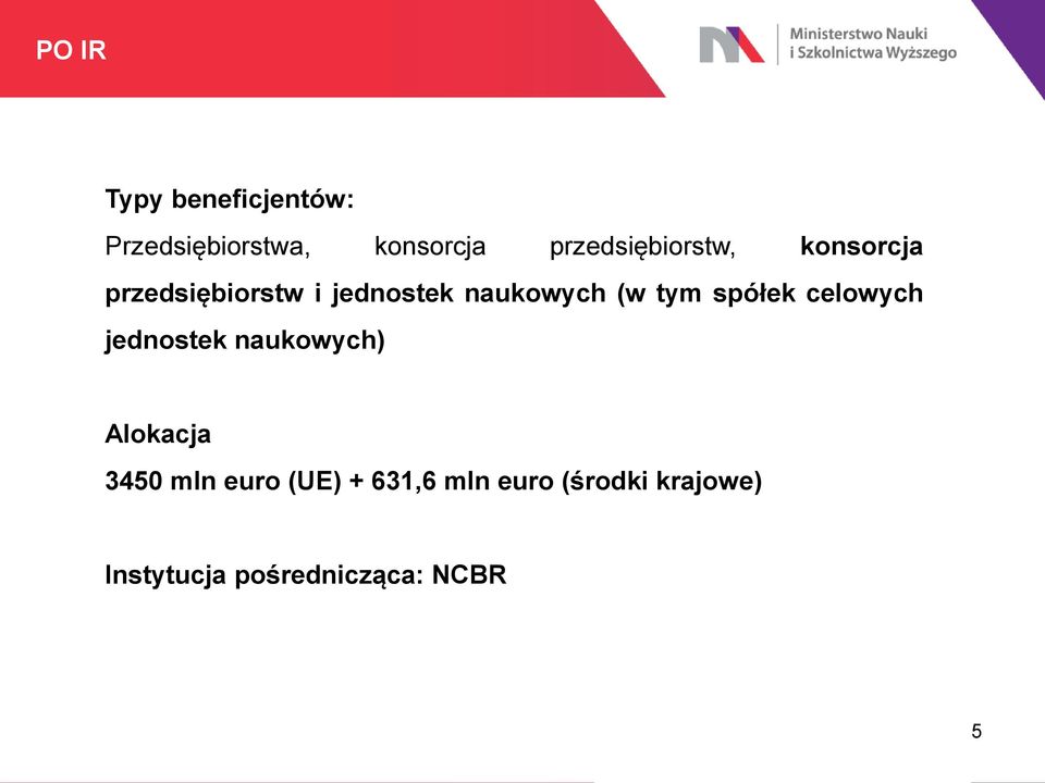 (w tym spółek celowych jednostek naukowych) Alokacja 3450 mln