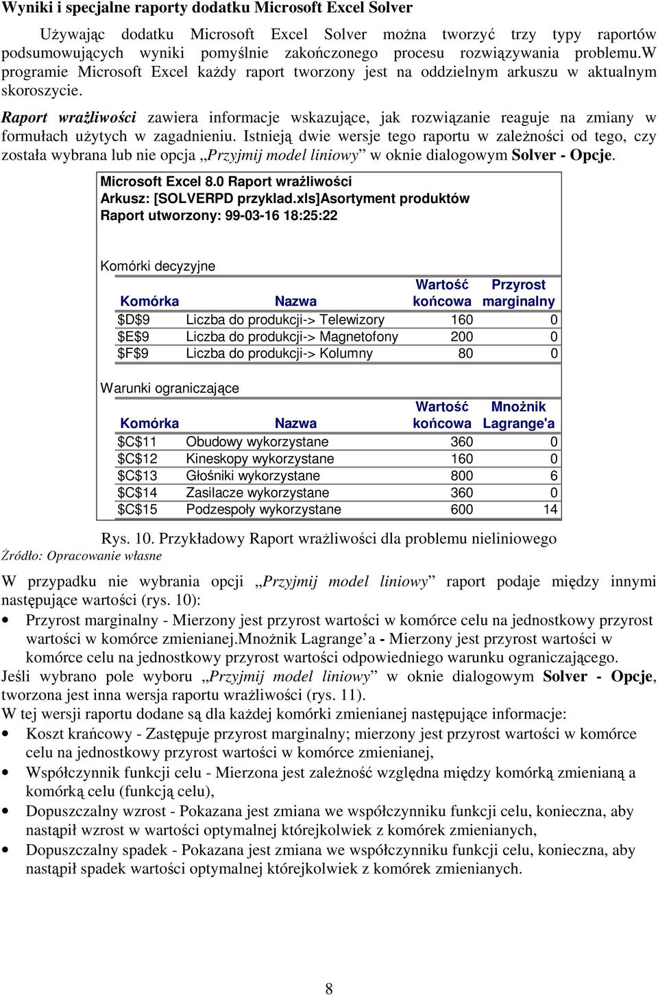 Raport wrażliwości zawiera informacje wskazujące, jak rozwiązanie reaguje na zmiany w formułach użytych w zagadnieniu.