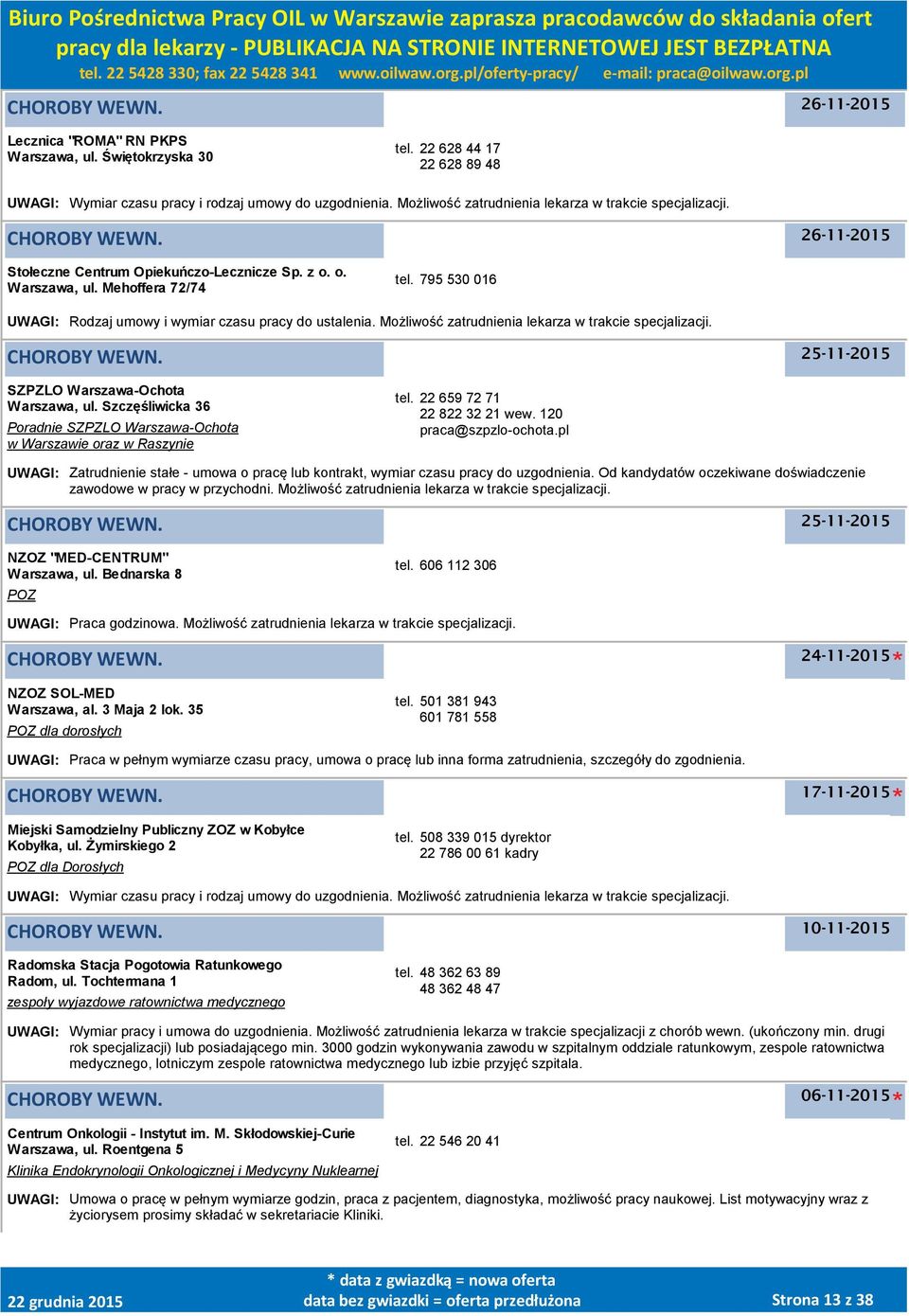 795 530 016 UWAGI: Rodzaj umowy i wymiar czasu pracy do ustalenia. Możliwość zatrudnienia lekarza w trakcie specjalizacji. 25-11-2015 SZPZLO Warszawa-Ochota Warszawa, ul.