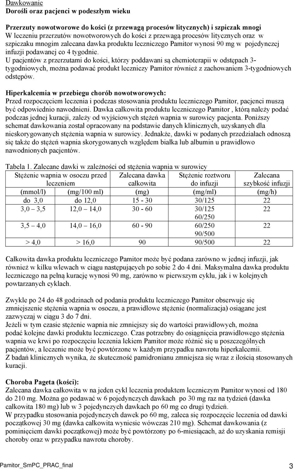 U pacjentów z przerzutami do kości, którzy poddawani są chemioterapii w odstępach 3- tygodniowych, można podawać produkt leczniczy Pamitor również z zachowaniem 3-tygodniowych odstępów.