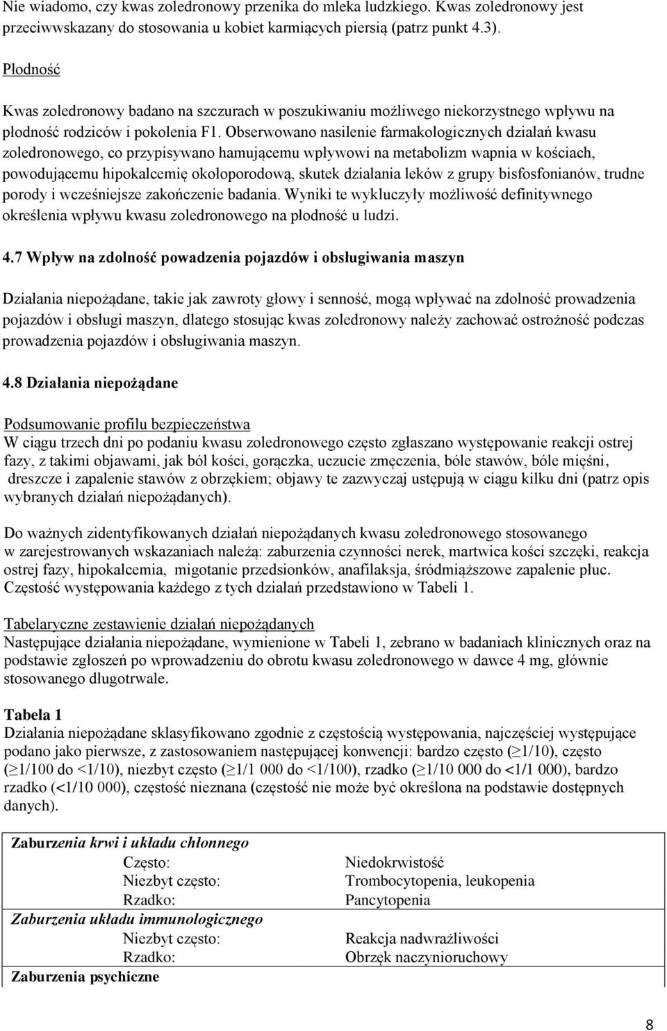 Obserwowano nasilenie farmakologicznych działań kwasu zoledronowego, co przypisywano hamującemu wpływowi na metabolizm wapnia w kościach, powodującemu hipokalcemię okołoporodową, skutek działania
