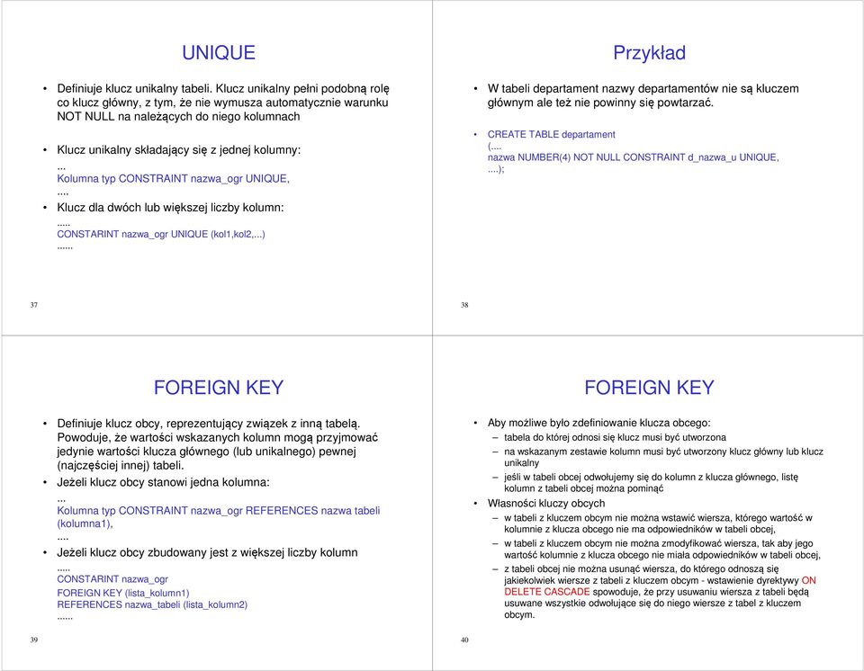 .. Kolumna typ CONSTRAINT nazwa_ogr UNIQUE,... Klucz dla dwóch lub większej liczby kolumn:... CONSTARINT nazwa_ogr UNIQUE (kol1,kol2,...).